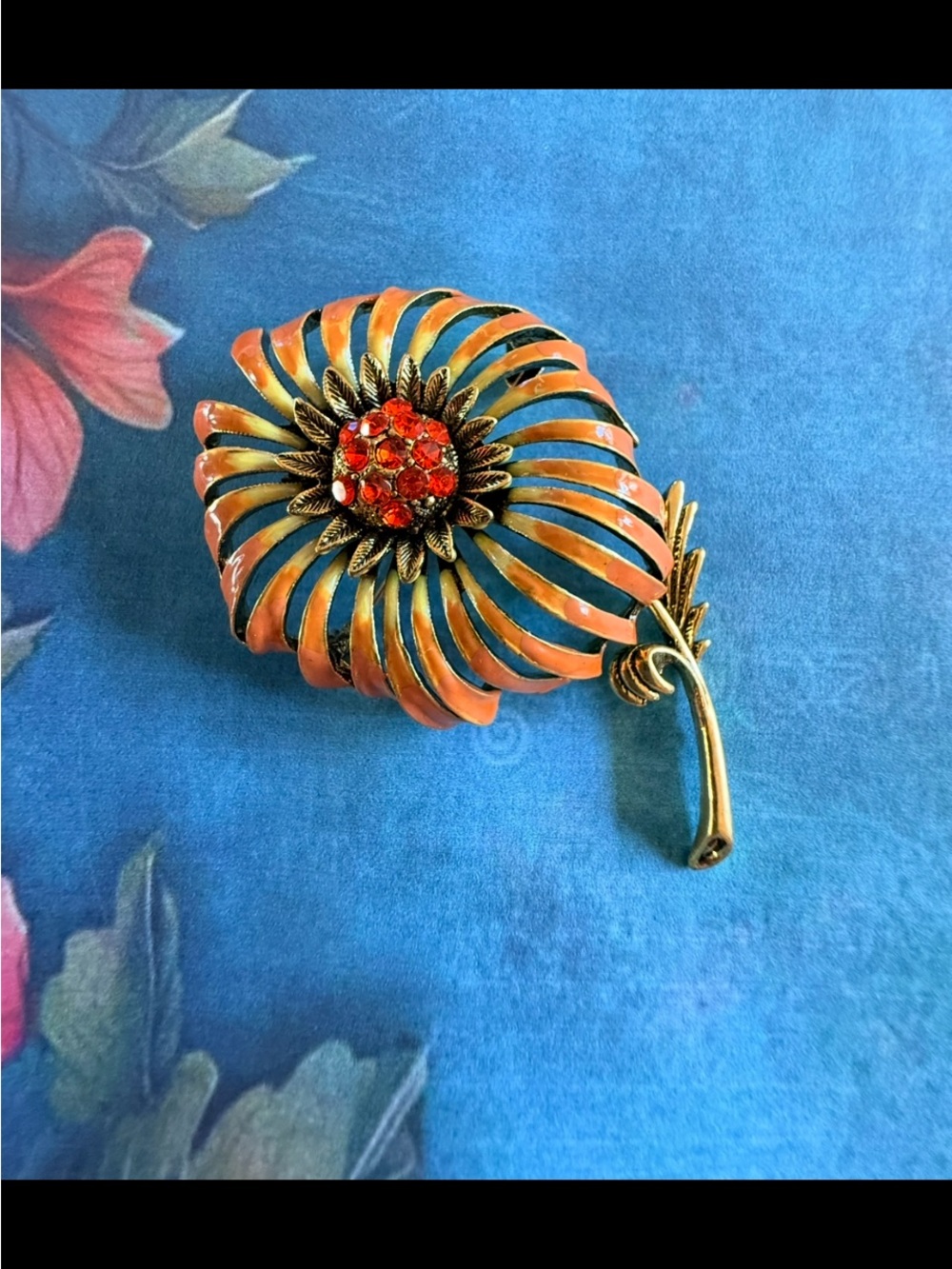Vintage-Style Orange Floral Crystal Brooch.